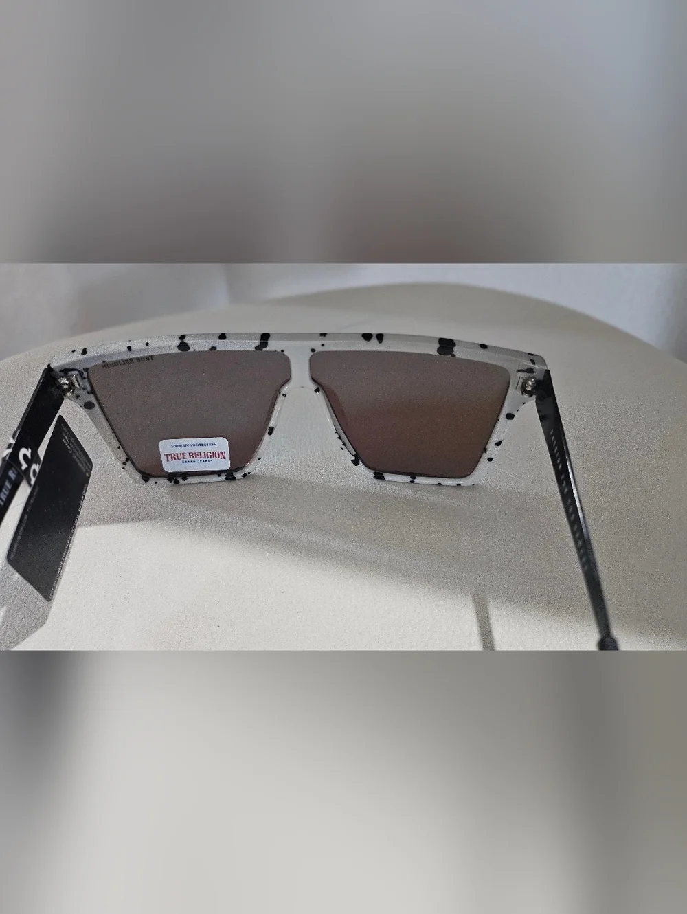True Religion Shield Sunglasses Blue Mirrored Lens Black White Speckle UV400.